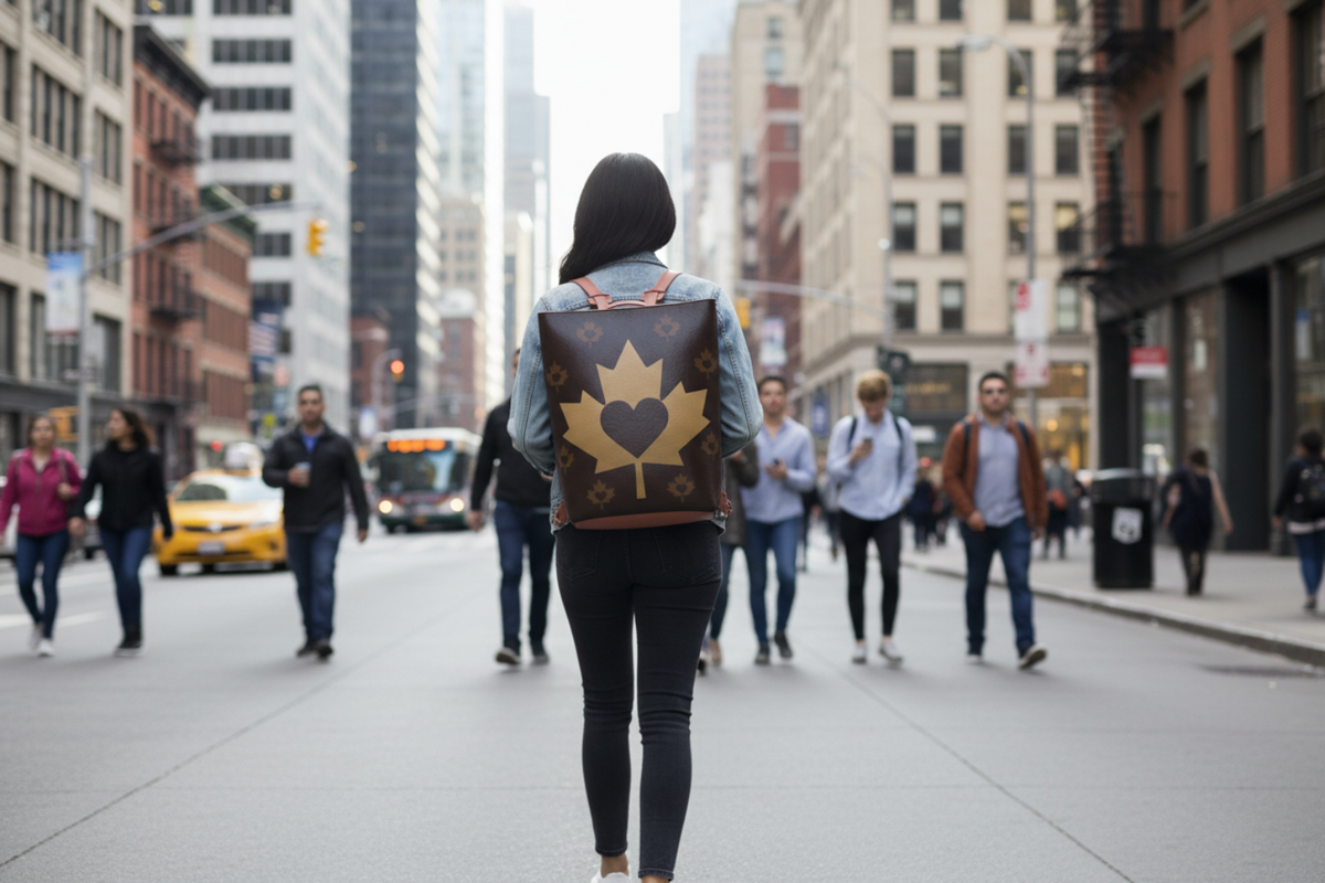 Backpack with gold maple leaf design on a dark background