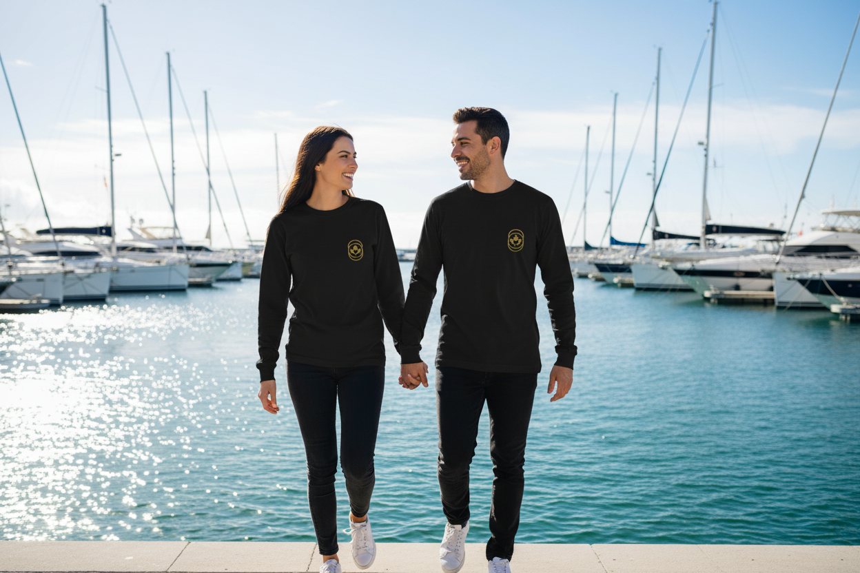 Black long-sleeve shirt with a gold logo on a light gray background
