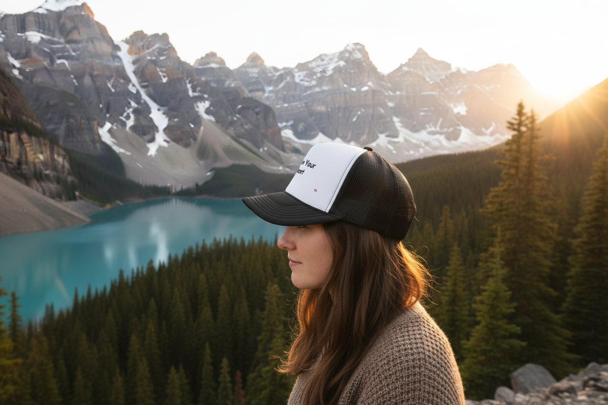 Person wearing a cap with a logo in front of a mountain lake landscape