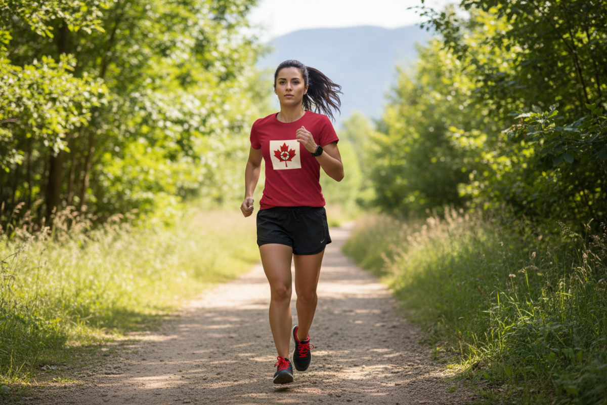 Woman running on a trail with trees and mountains in the background