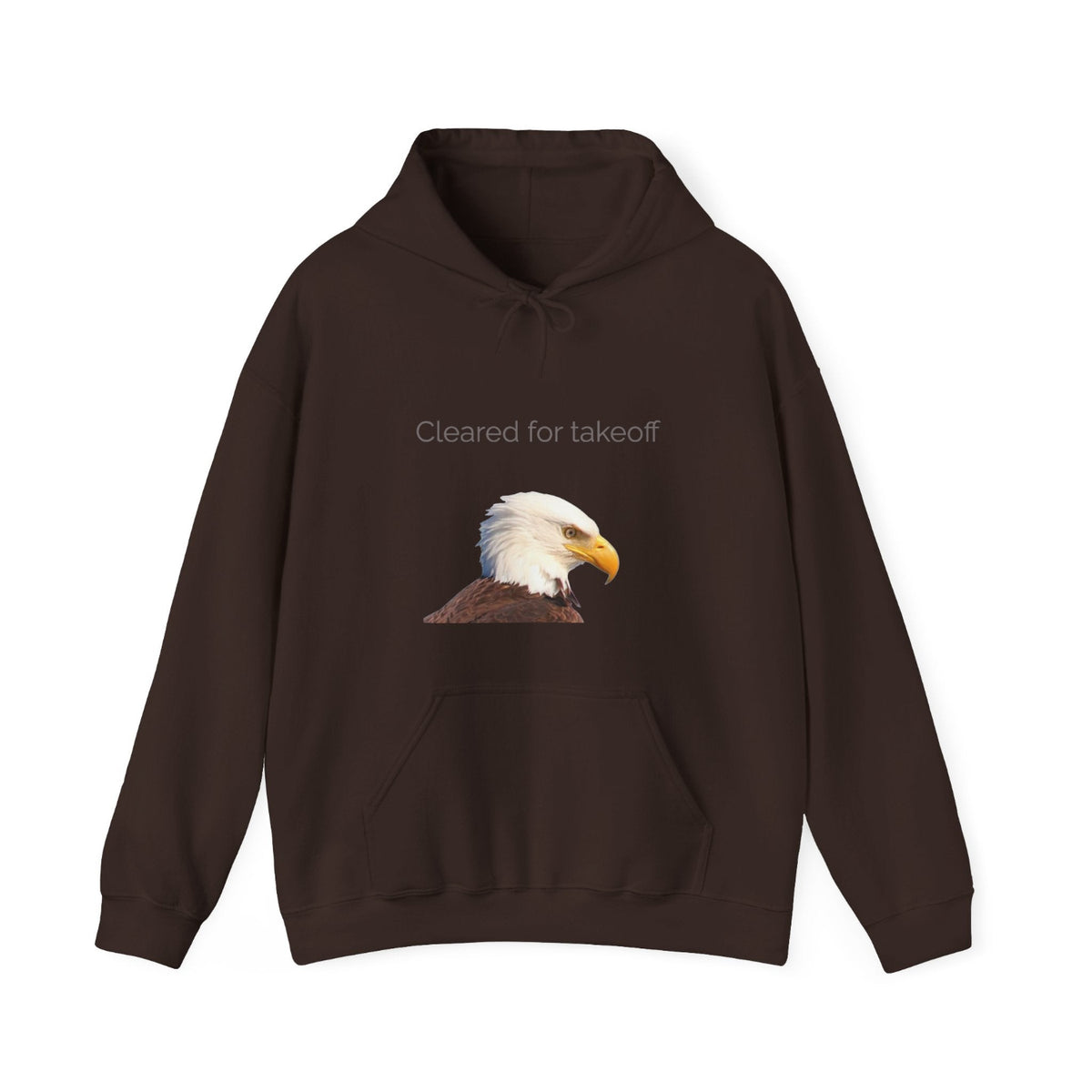 A dark brown pullover hoodie with a graphic of a bald eagle on the chest and the text 'Cleared for takeoff' above it.