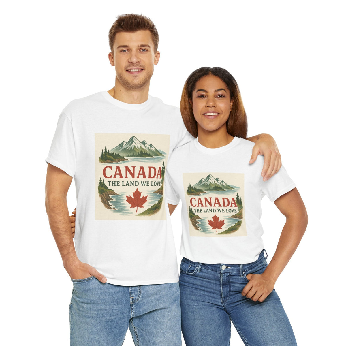 Two people wearing white t-shirts with a 'Canada' graphic design on a white background