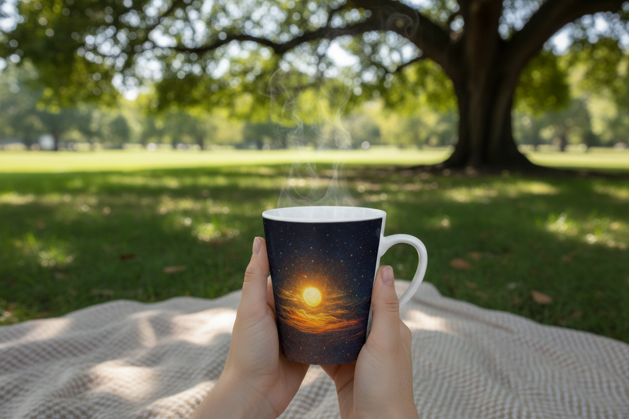 Person holding a mug with a sunset design in a park