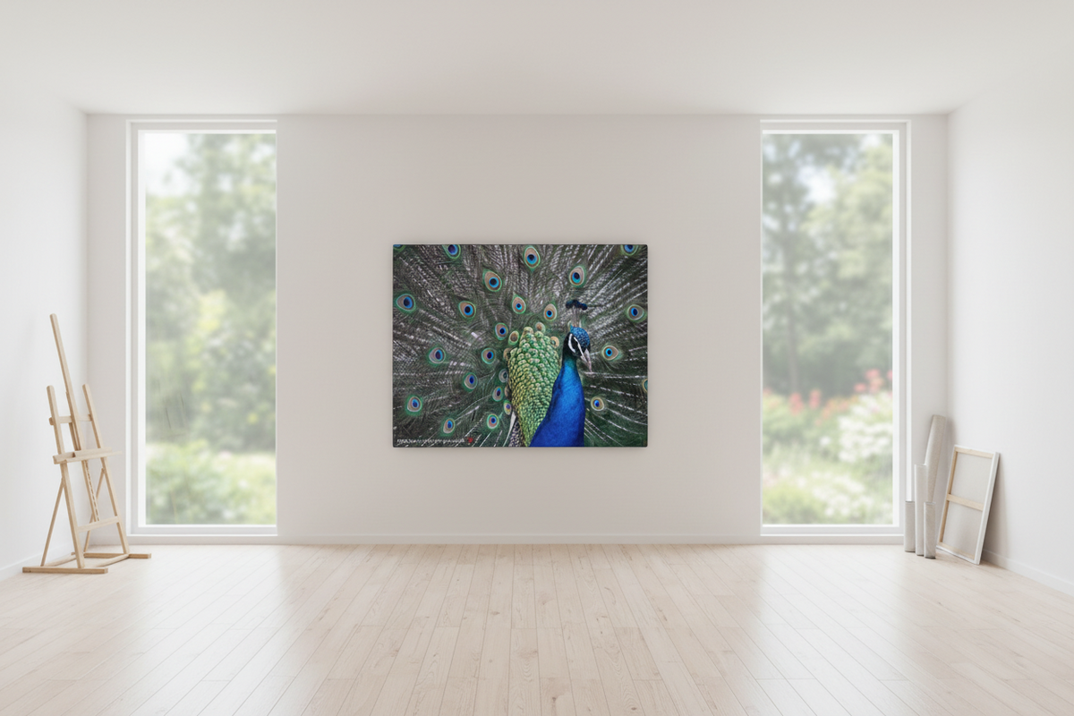 Make Love Your Compass A vibrant peacock feather artwork on a matte stretched canvas featuring deep jewel-toned blues and iridescent greens on a white background between two windows in an art studio with blurred garden views.