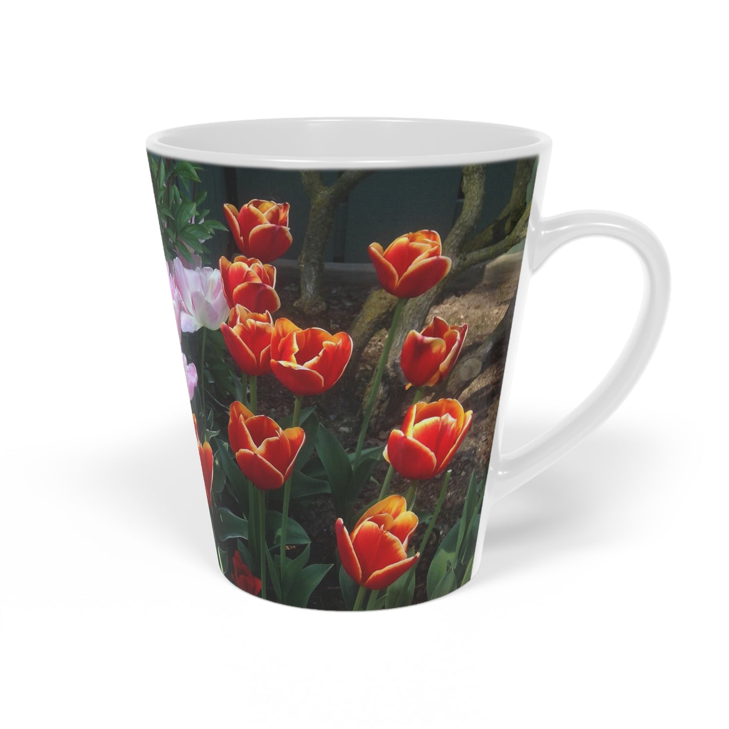 Mug with a design of red tulips on a white background