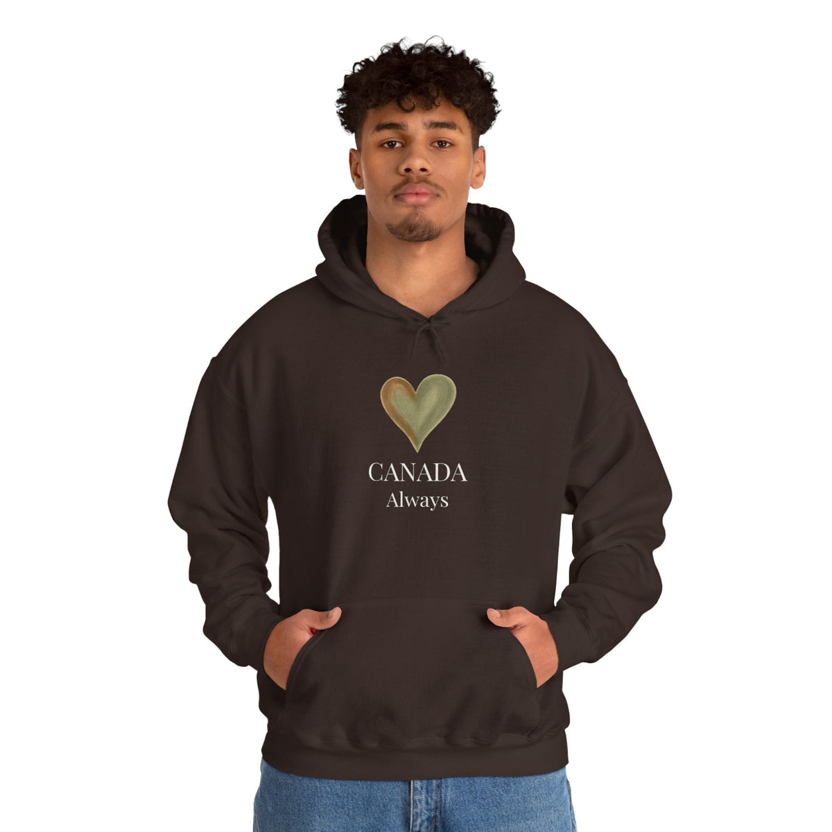 Person wearing a black hoodie with 'Canada Always' text and heart design on a white background