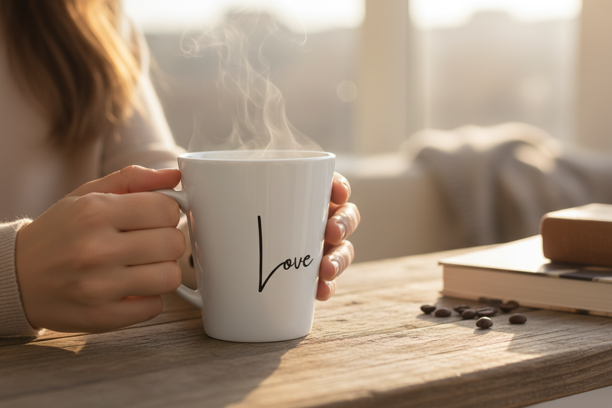 White mug with 'love' written on it against a white background