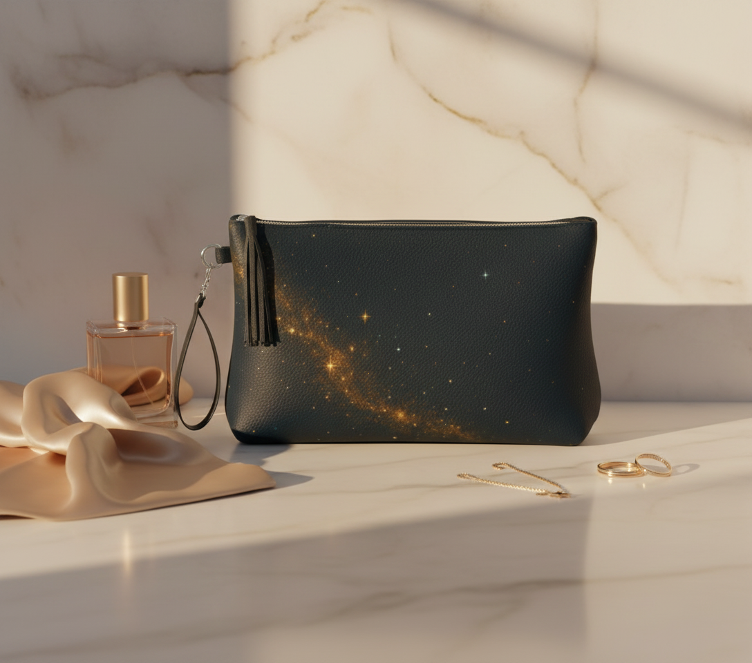 Black pouch with space-themed design on a marble surface with a perfume bottle and jewelry.