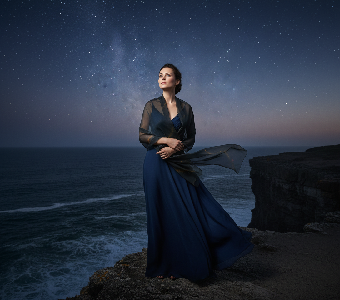 Woman in a blue dress standing on a cliff under a starry night sky.