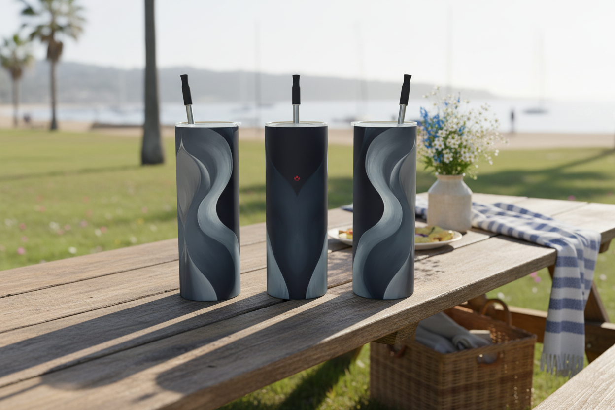 Three tumblers with abstract designs on a wooden table outdoors.