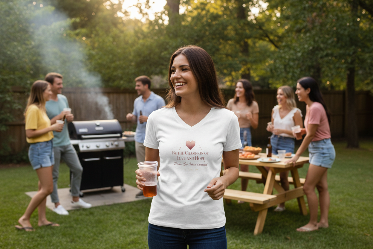 Woman in a white t-shirt holding a beer in a backyard setting with friends and a grill.