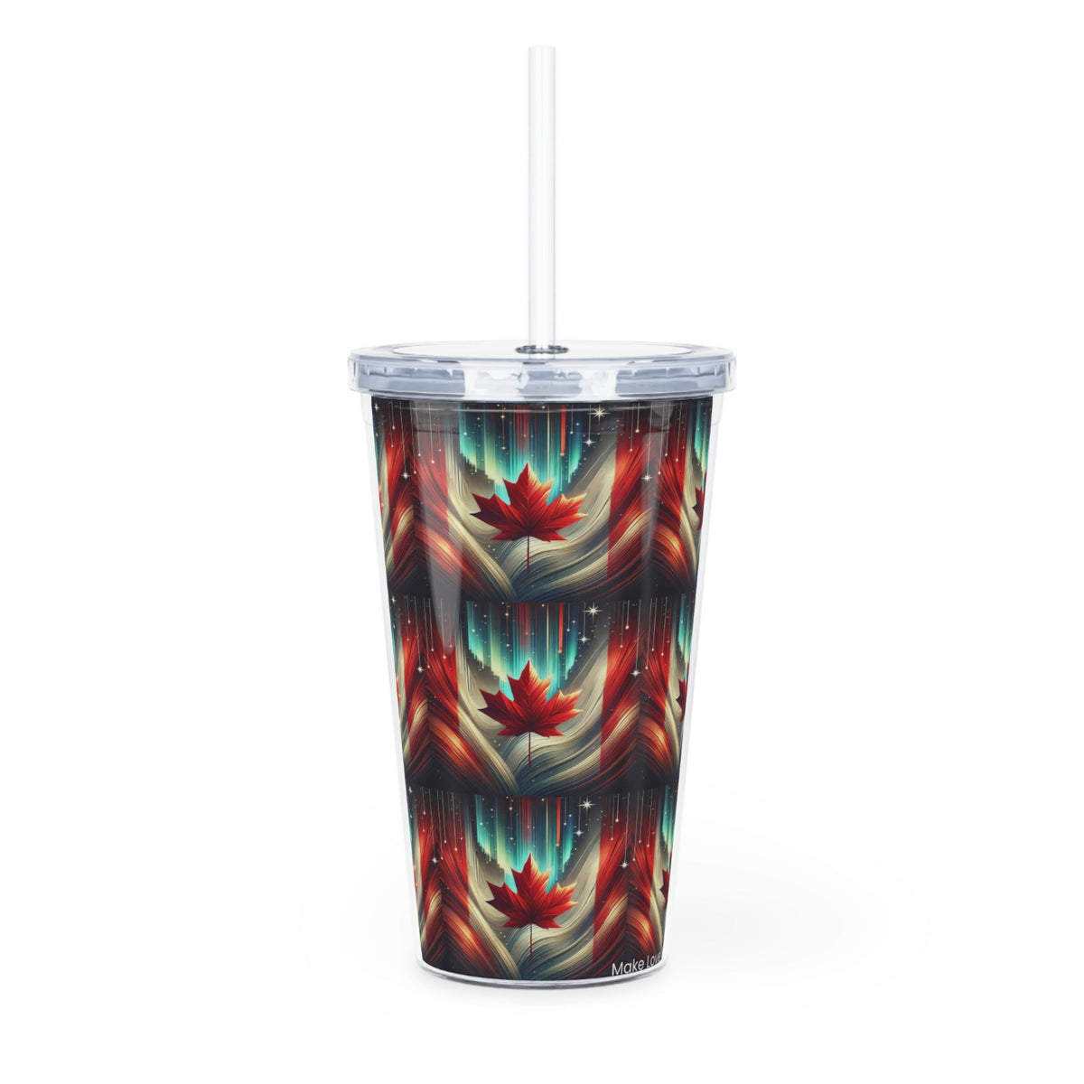Tumbler with a colorful leaf pattern on a white background