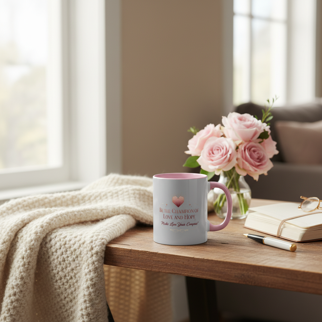 Mug with floral design on a wooden table with a vase of pink roses and a book.