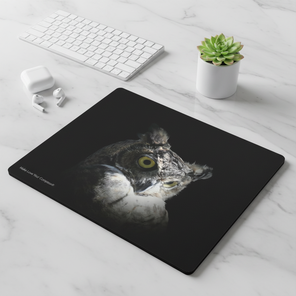 Make Love Your Compass | Great Horned Owl Mouse Pad | Desk Mat - Black Background