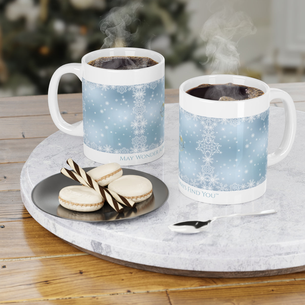 Winter Snowflake Mug May Wonder Always Find you™ both sides on a marble tray with cookies.