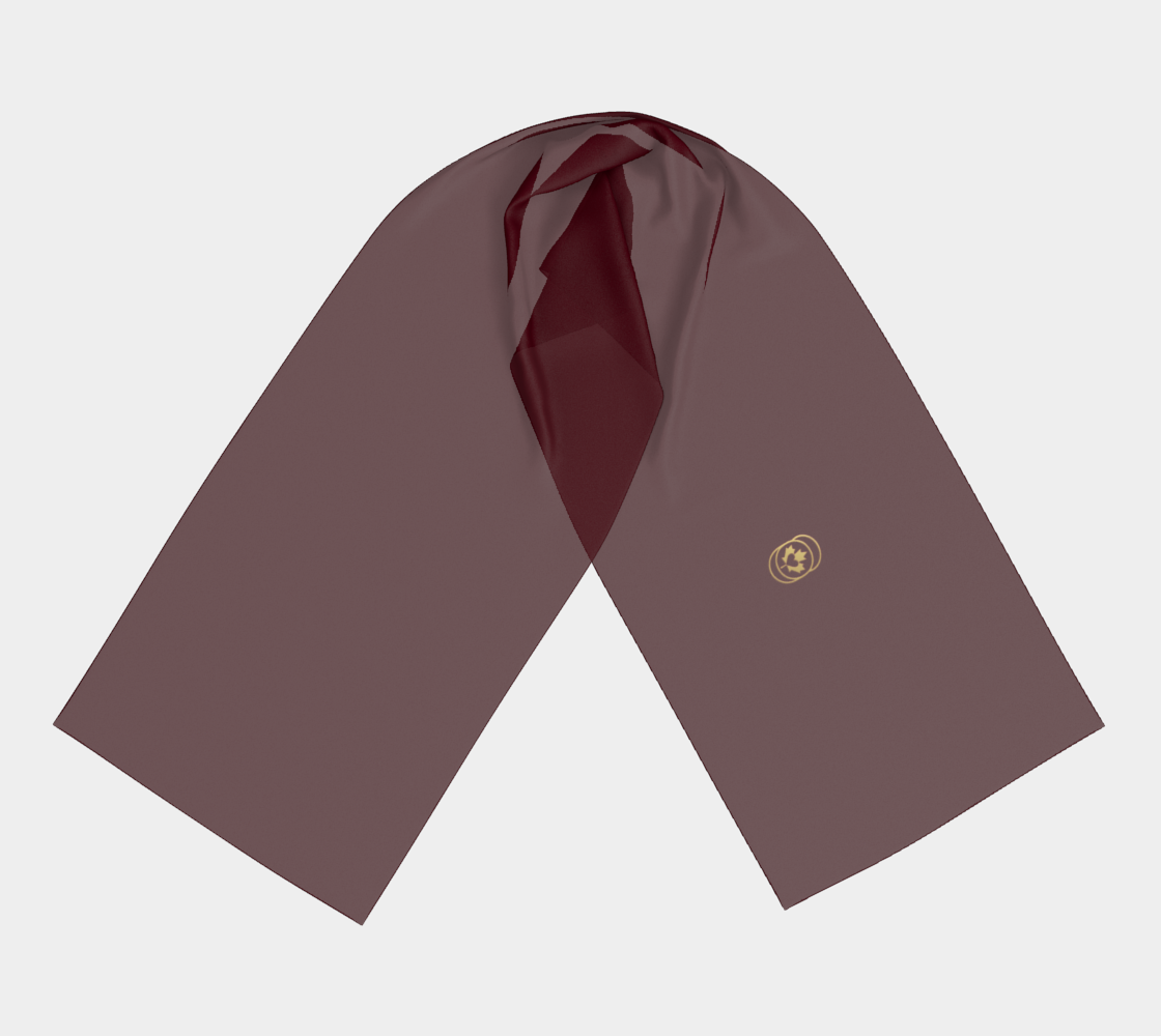 Burgundy scarf with a logo on a light gray background