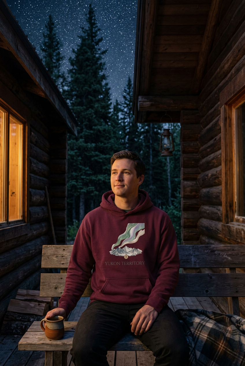 Burgundy Yukon hoodie on a cozy cabin porch beneath a starry night sky