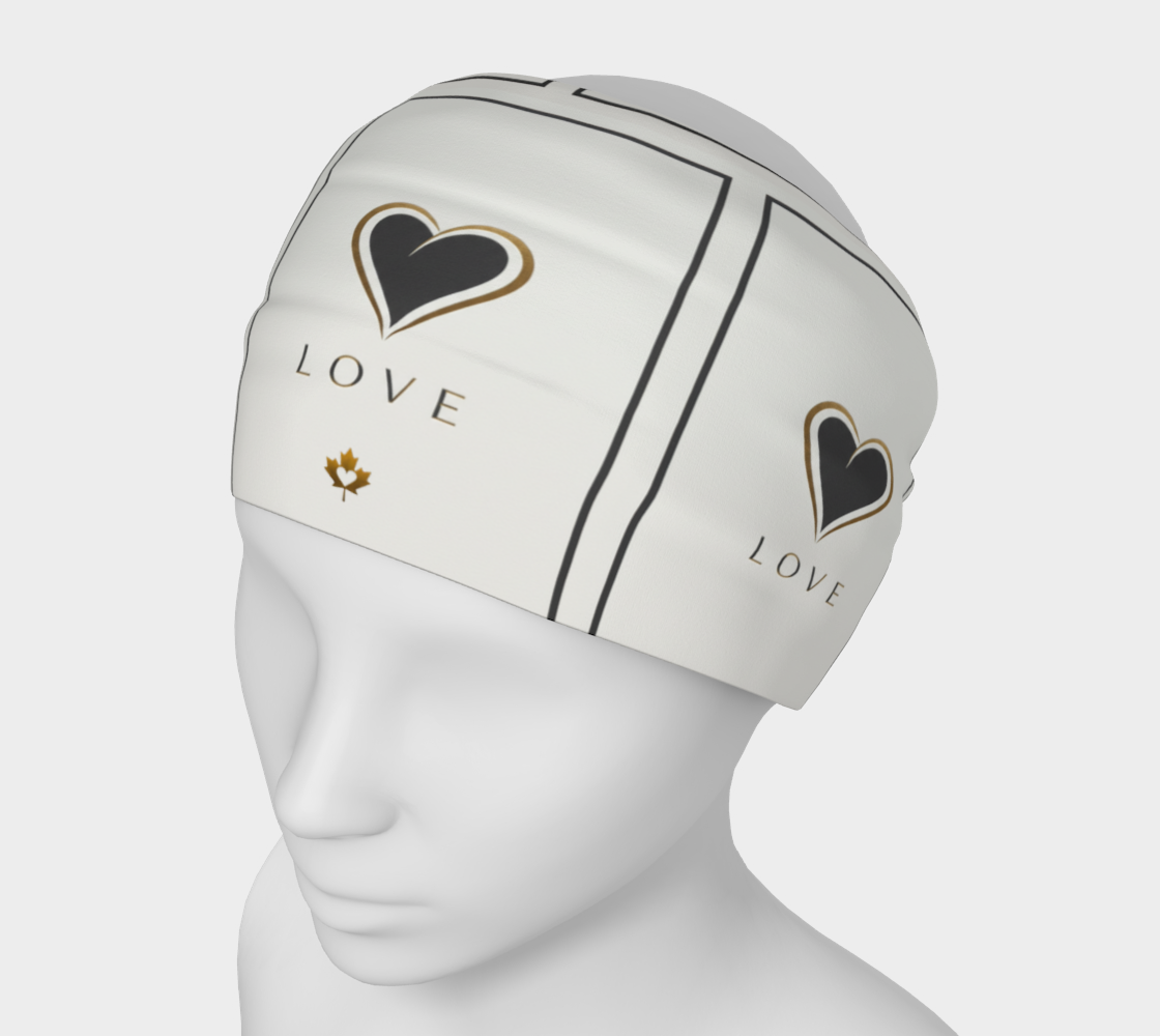 White swim cap with black hearts and 'LOVE' text on a mannequin head.