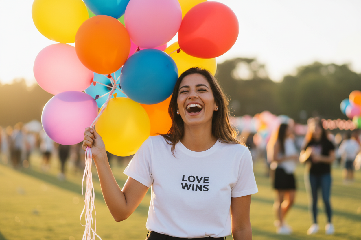 Love Wins Tee - Woman with Balloons