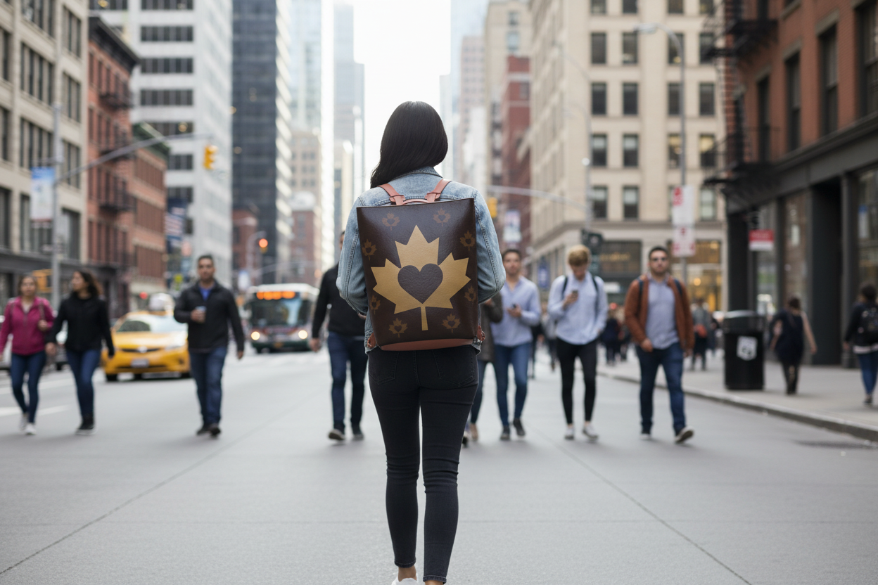 Backpack with gold maple leaf design on a dark background