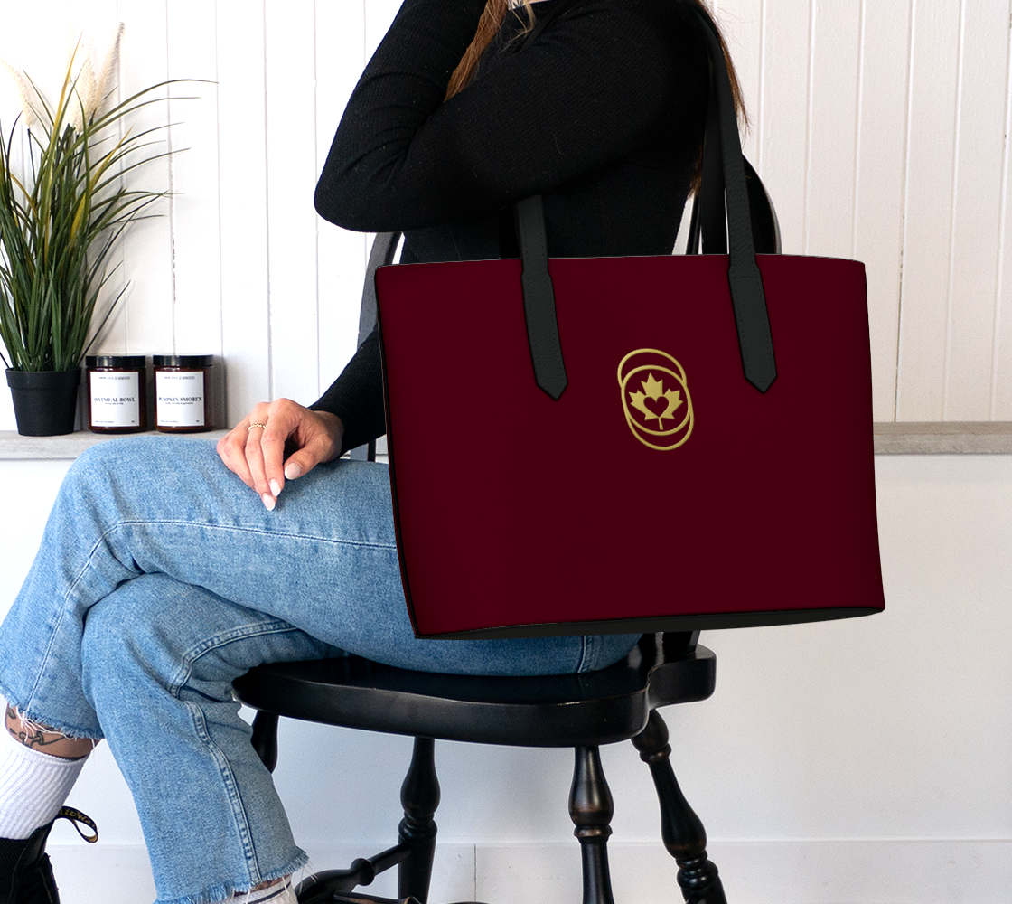 Burgundy Vegan Leather Luxe Tote – Golden Maple Heart Edition