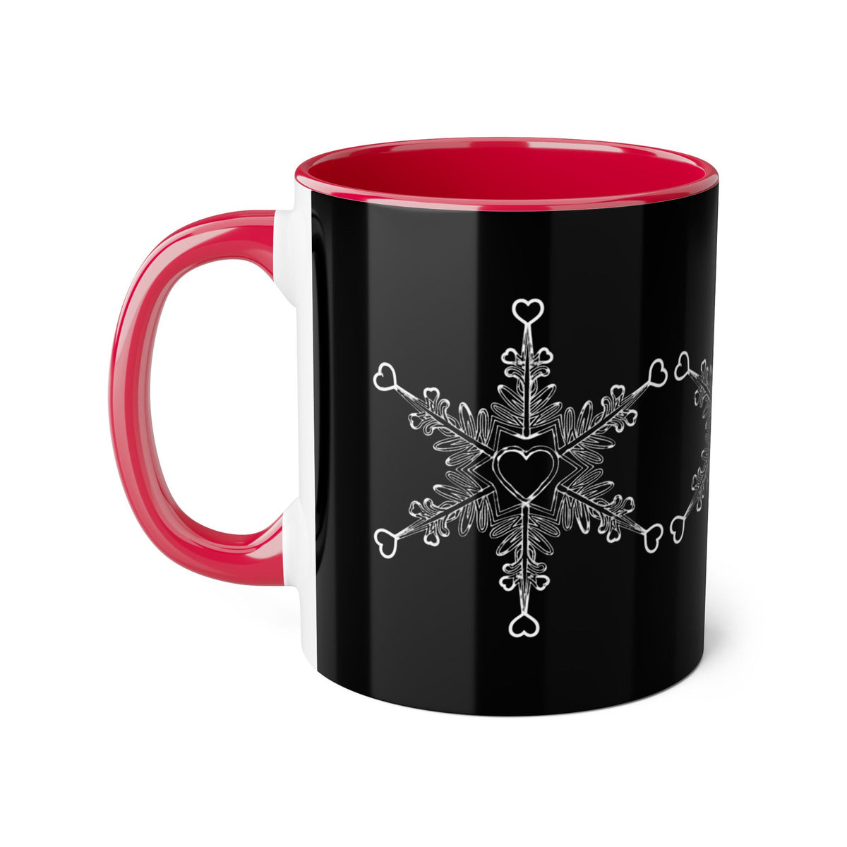 Make Love Your Compass 11oz ceramic accent mug with a black exterior and deep red interior and handle, featuring a white snowflake design made of tiny hearts.