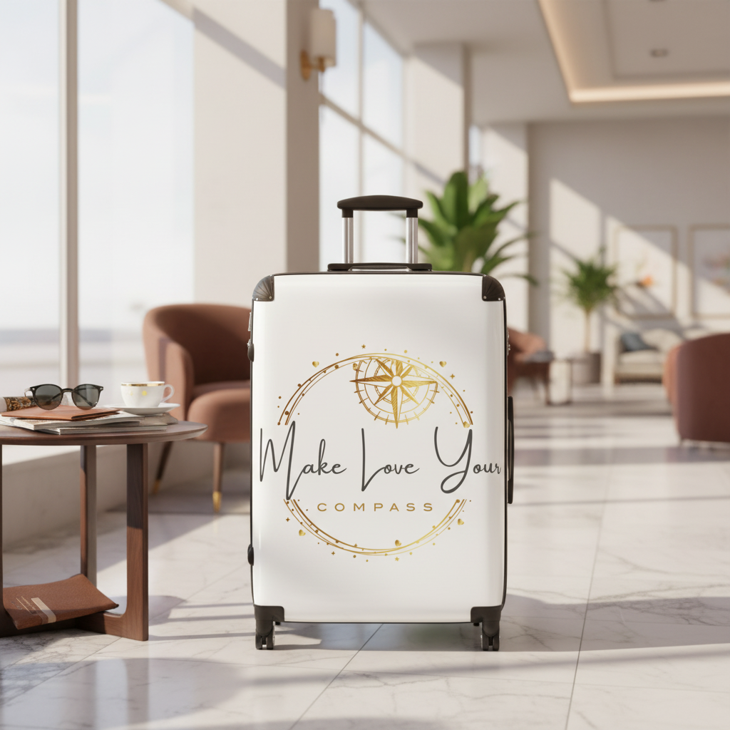 A white suitcase with a polycarbonate front and ABS back, featuring a gold and black 'Make Love Your Compass' print.