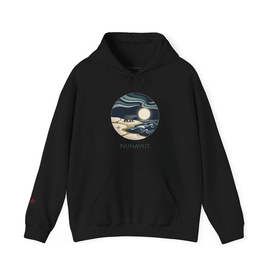 Black hoodie with an circular image of northern lights, polar bear and moon with text Nunavut below.