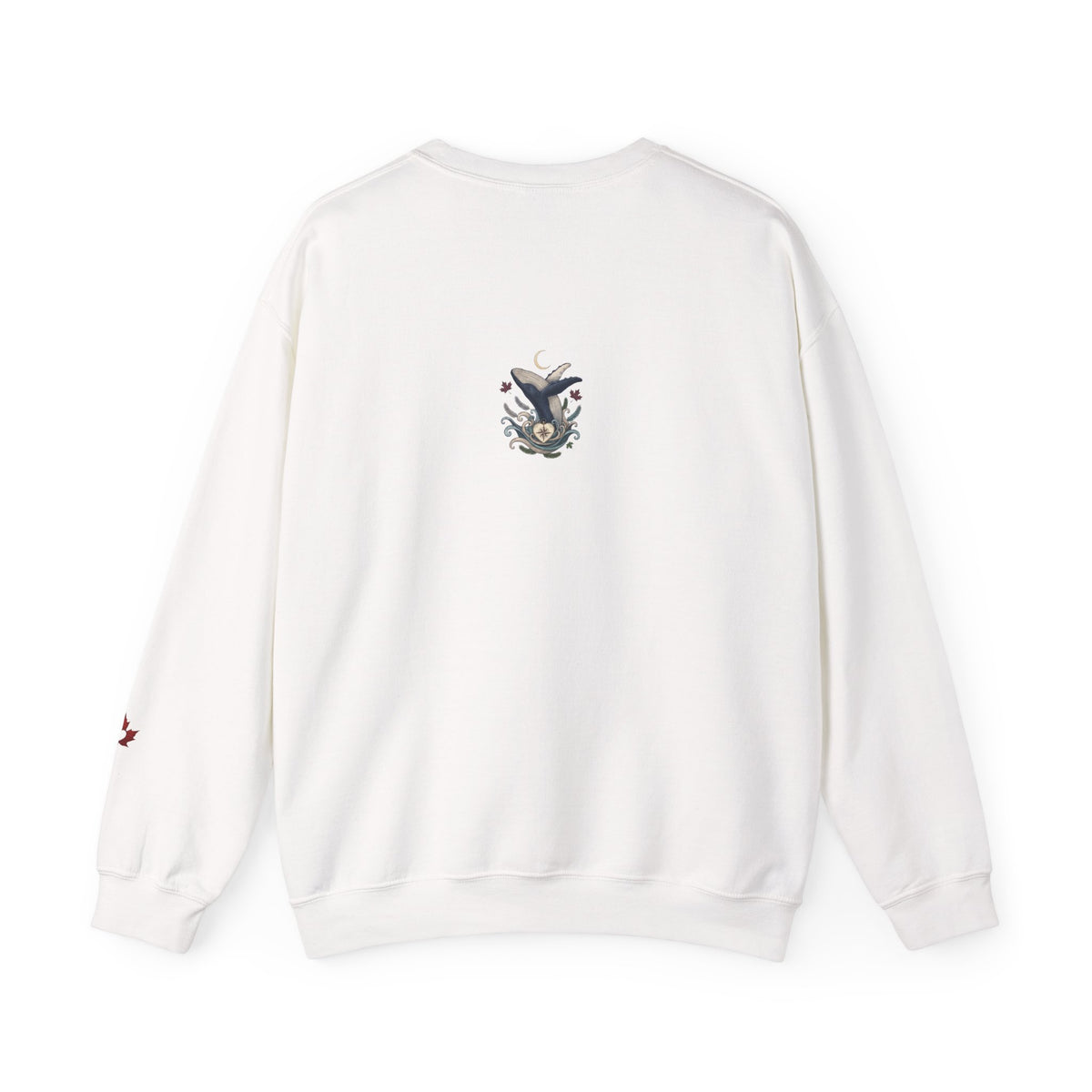 Make Love Your Compass Whale Moon Sweatshirt: A white crewneck featuring a graphic print of a blue and white whale with a crescent moon and swirling waves against a white background.