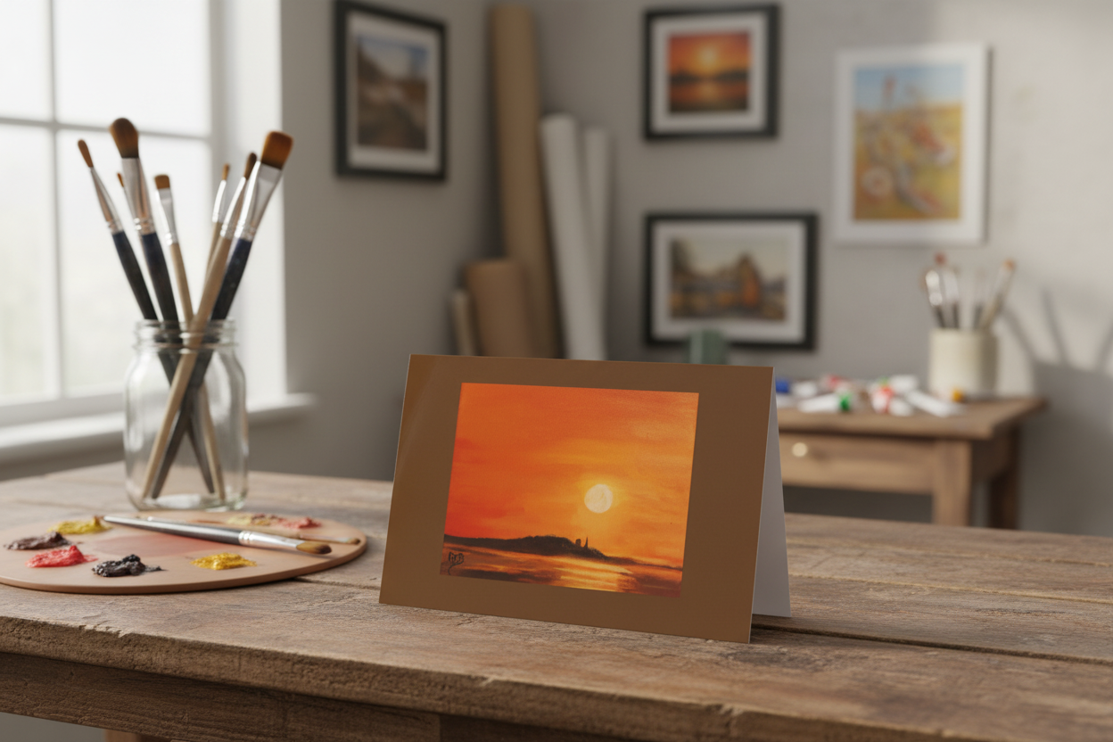 Greeting card with a sunset over water design on a white background
