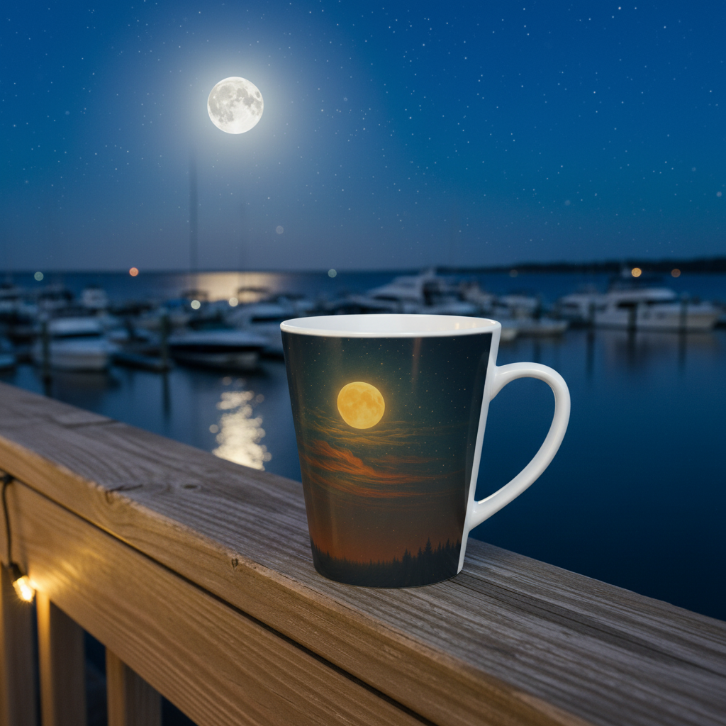 Mug with a moonlit landscape design on a railing by a body of water at night.