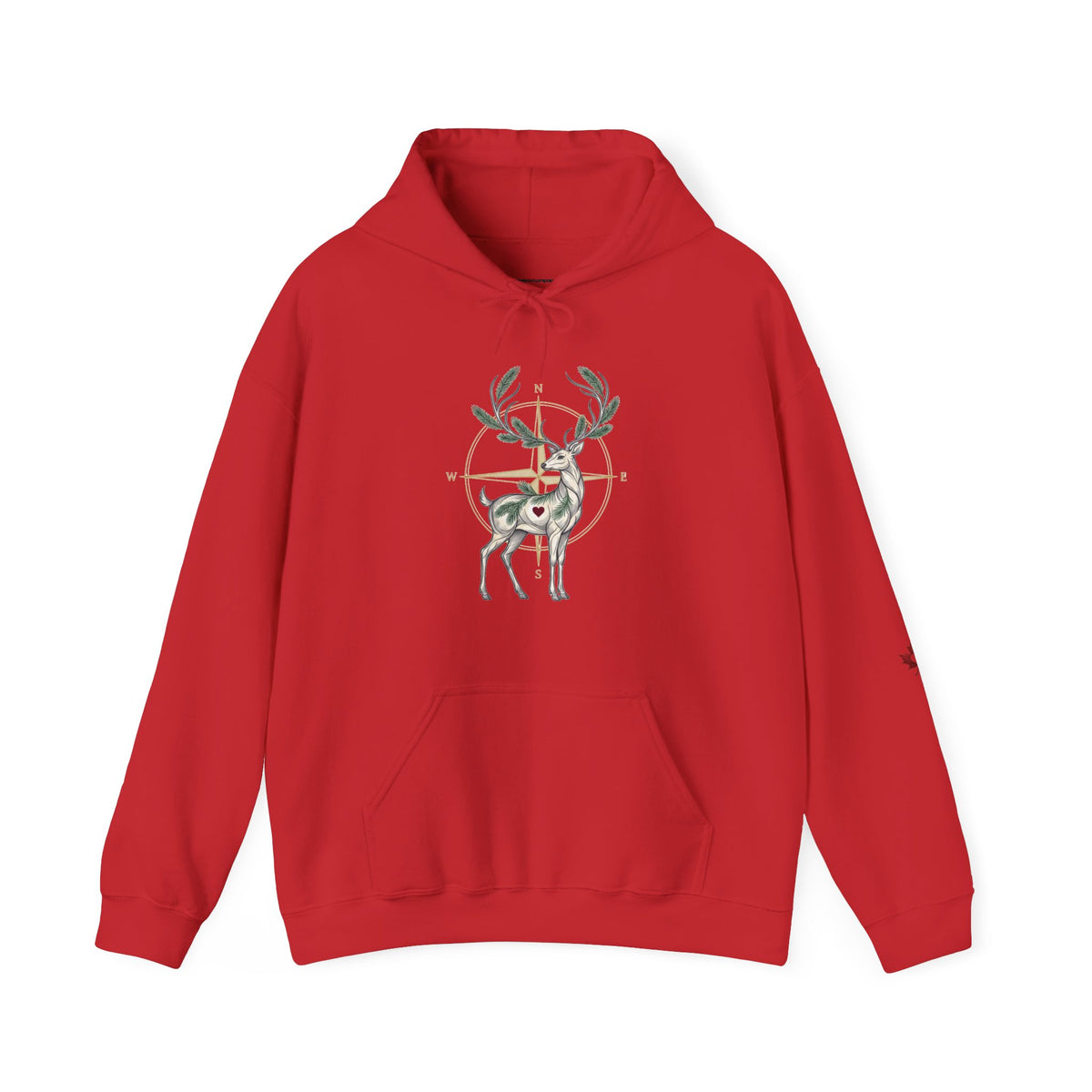 A red hoodie featuring a deer graphic inside a target design on the chest, against a plain white background.