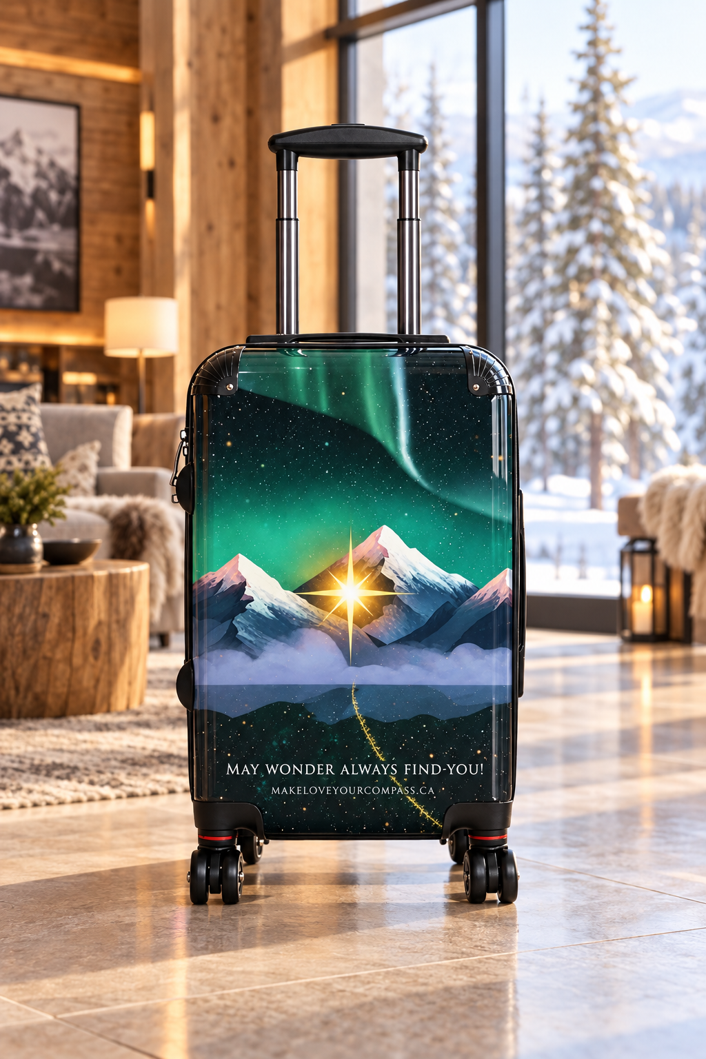 A hard-shell rolling suitcase with an extended telescoping handle and four spinner wheels, featuring a printed design of snowy mountains under a starry night sky with green aurora lights and the quote 'MAY WONDER ALWAYS FIND YOU!'.