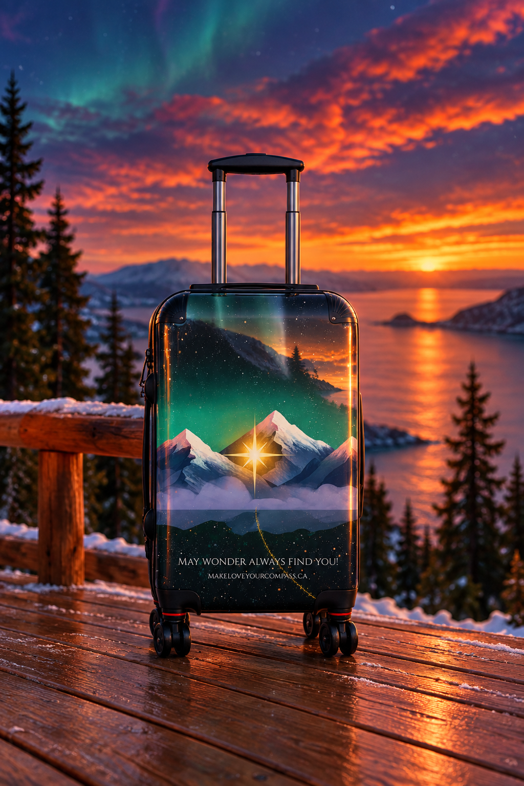 A hard-shell rolling suitcase with an extended telescoping handle and four spinner wheels, featuring a printed design of snowy mountains under a starry night sky with green aurora lights and the quote 'MAY WONDER ALWAYS FIND YOU!'.