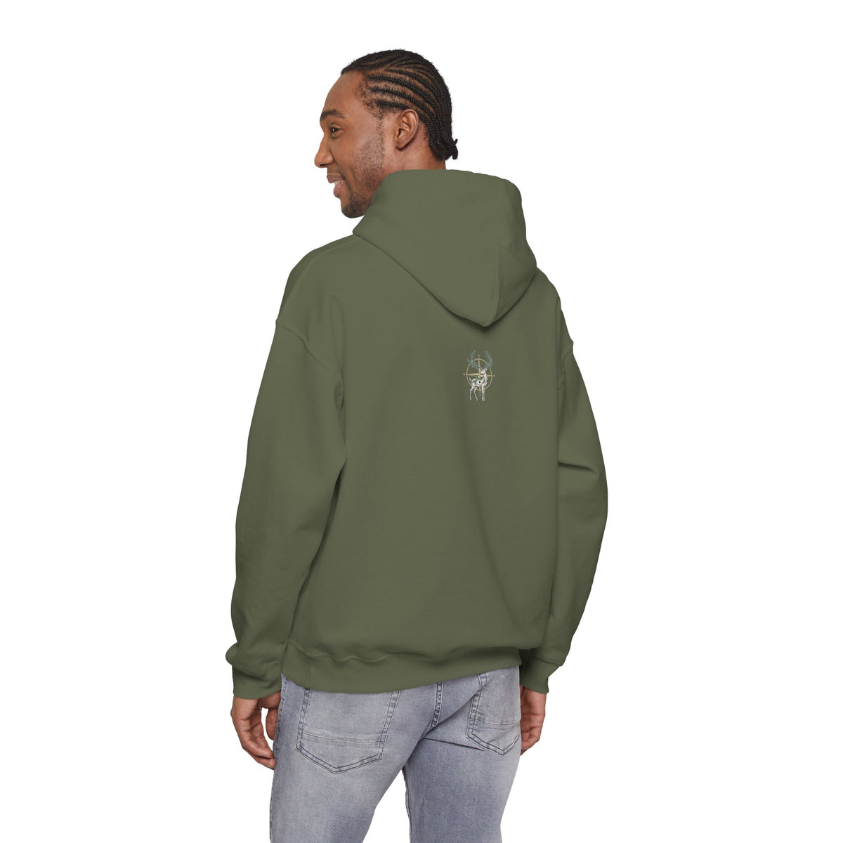 A green hoodie featuring a small deer graphic inside a target design on the back against a plain white background.