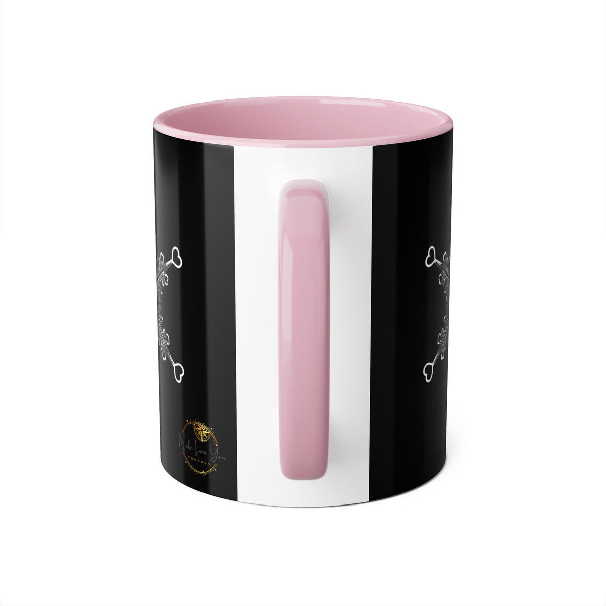 Make Love Your Compass 11oz ceramic accent mug with a black exterior and pink interior and handle, featuring a white snowflake design made of tiny hearts.
