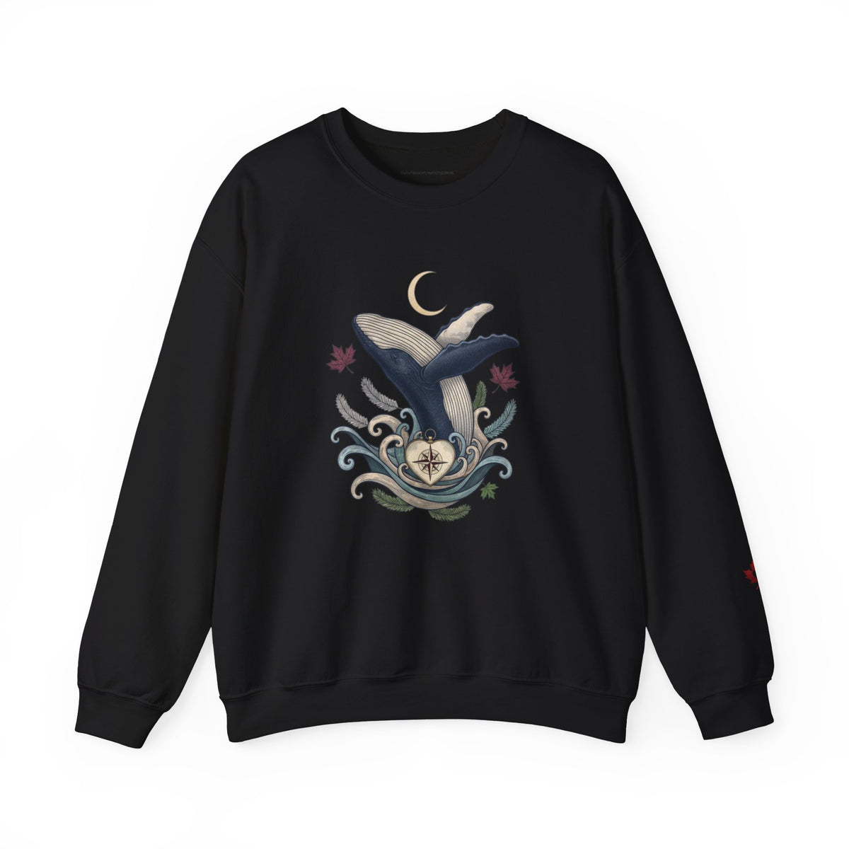 Make Love Your Compass Whale Moon Sweatshirt: A black crewneck featuring a graphic print of a blue and white whale with a crescent moon and swirling waves against a white background.