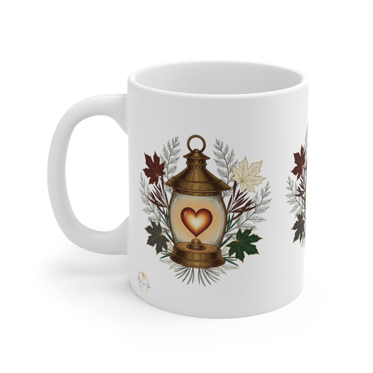 Lantern Heart Ceramic Mug — Autumn Leaves Cozy Coffee Cup 11oz