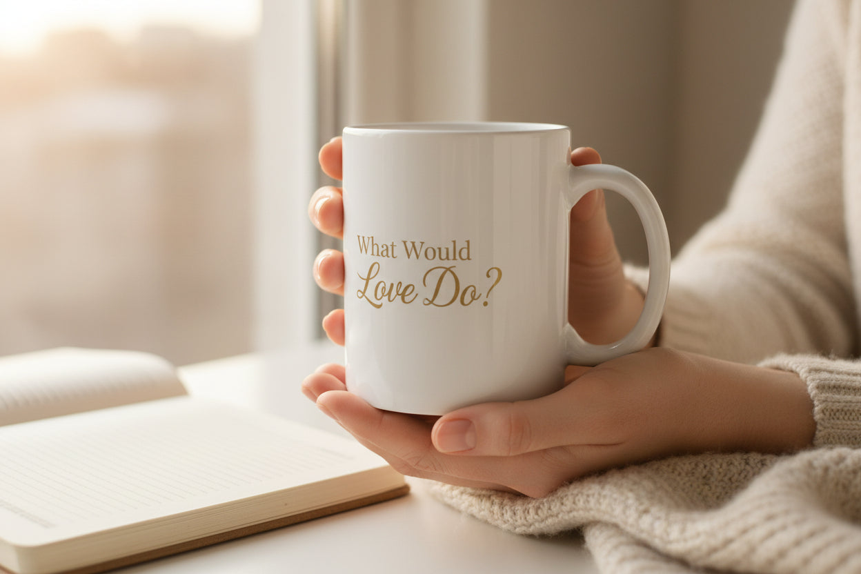 White mug with gold text on a white background