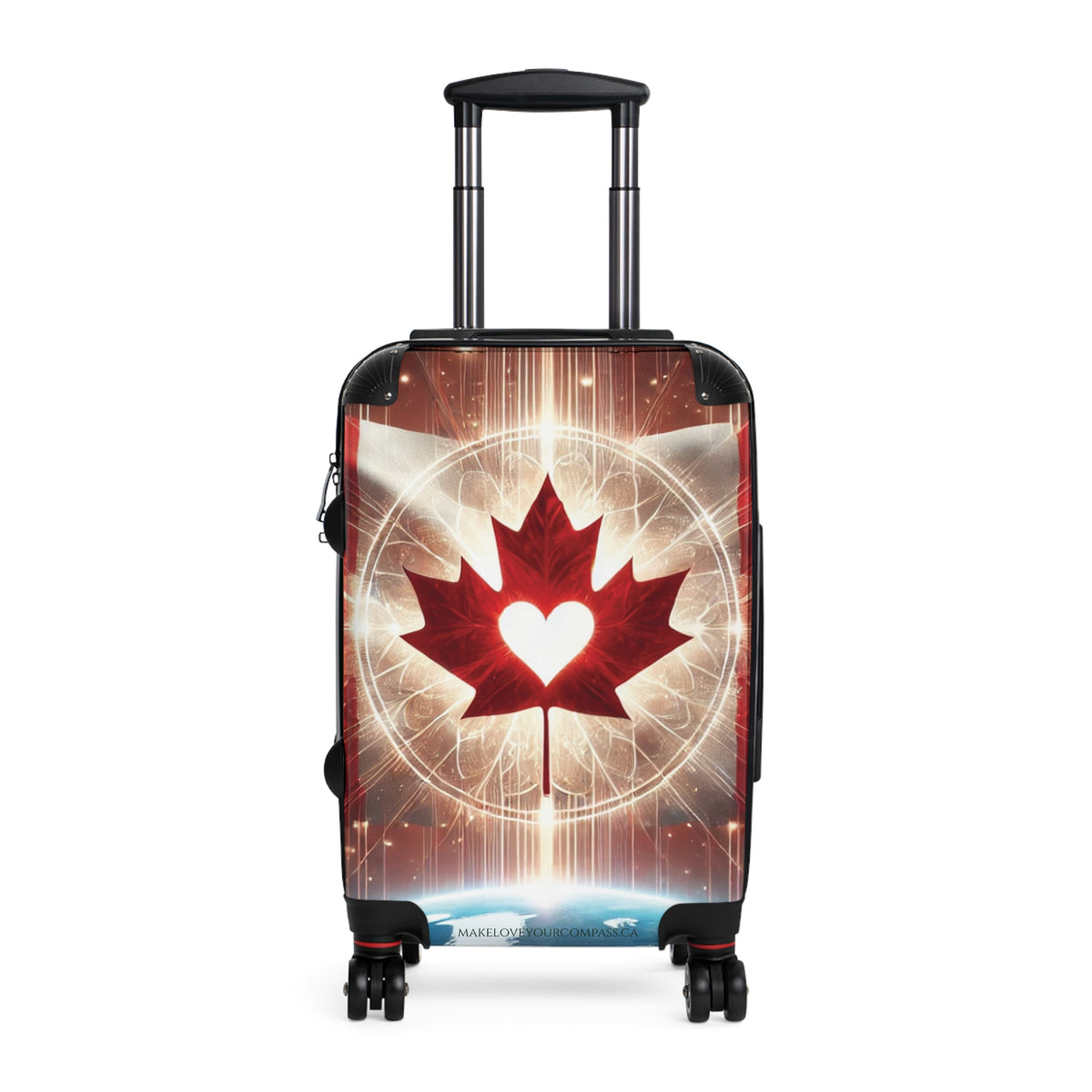 A hard-shell spinner suitcase with an extended telescoping handle, featuring a graphic design of a red maple leaf with a white heart in the center, surrounded by glowing circular patterns and light rays.