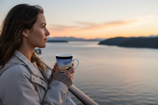 Mug with a scenic design of mountains and sky on a white background