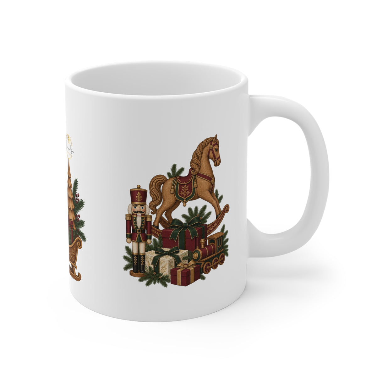 Vintage Christmas Ceramic Coffee Mug | Rocking Horse, Reindeer, Nutcracker