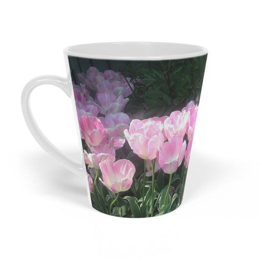 Mug with pink tulip design on a white background