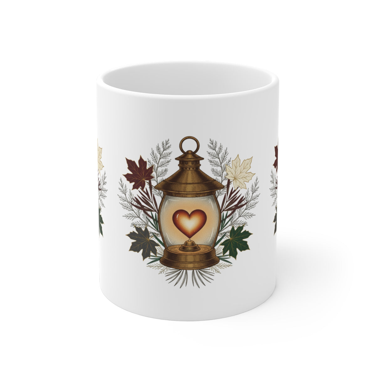Lantern Heart Ceramic Mug — Autumn Leaves Cozy Coffee Cup 11oz