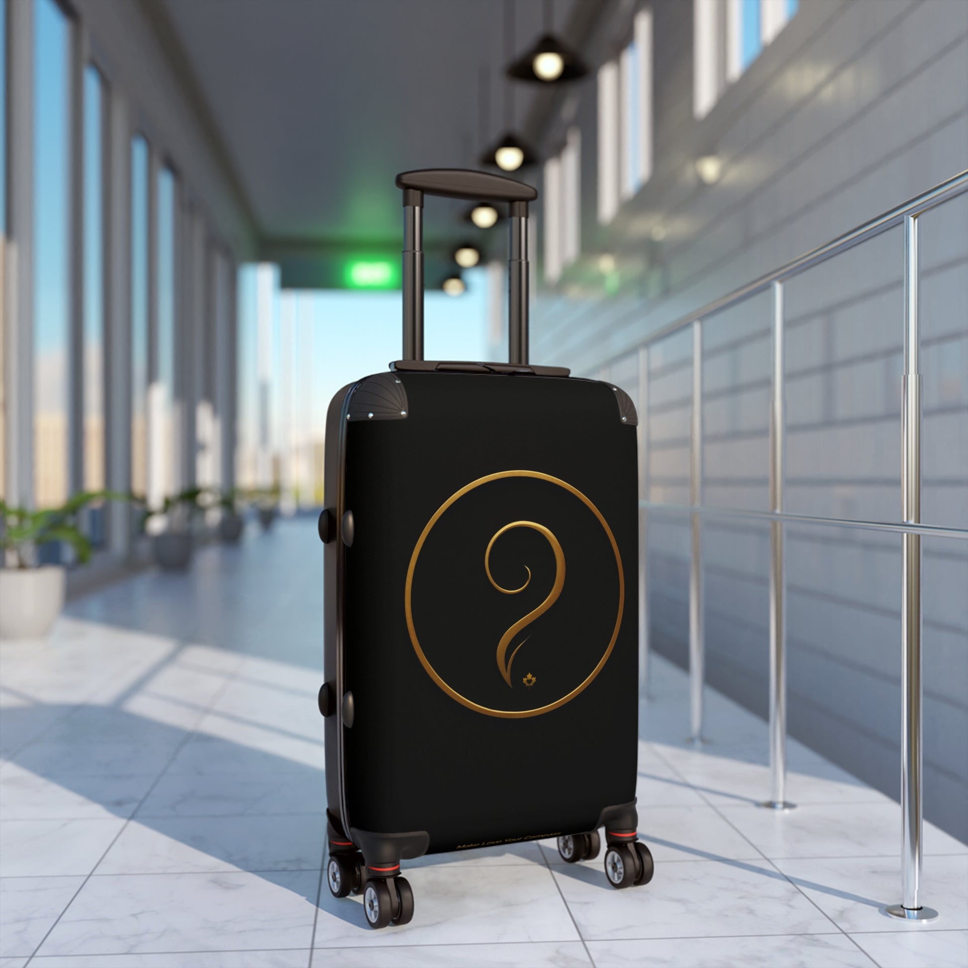 Black suitcase with a gold question mark symbol in an airport terminal.