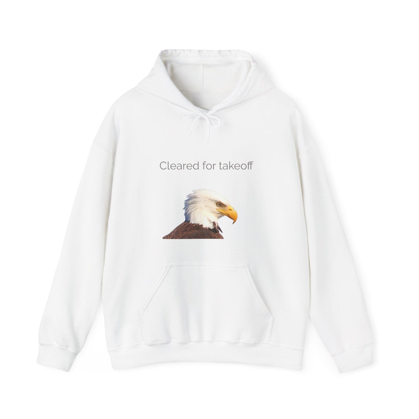 A white pullover hoodie with a front kangaroo pocket and drawstring hood, featuring a graphic of a bald eagle's head with the text 'Cleared for takeoff' above it, displayed on a clean white background.