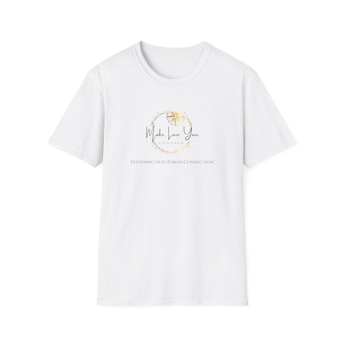 White t-shirt with black graphic design on a white background
