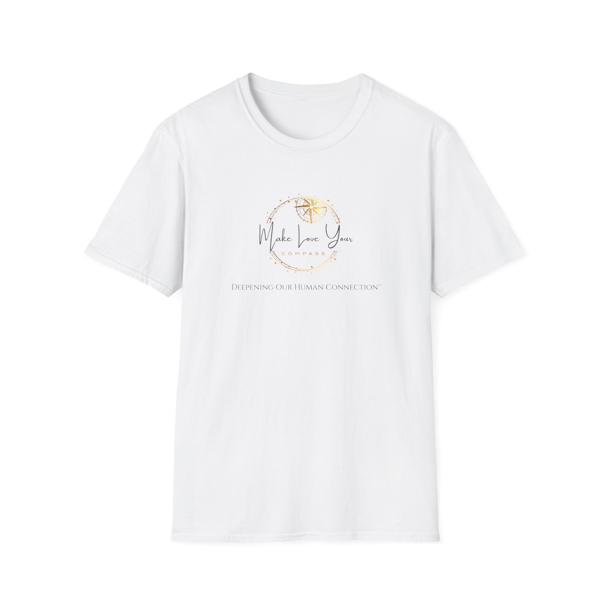 White t-shirt with black graphic design on a white background