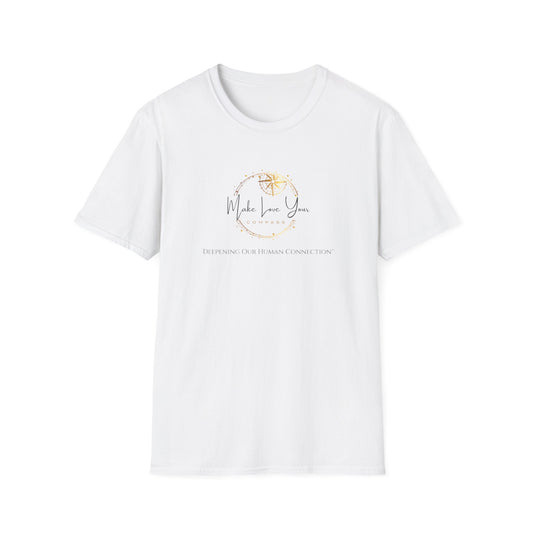 White t-shirt with black graphic design on a white background