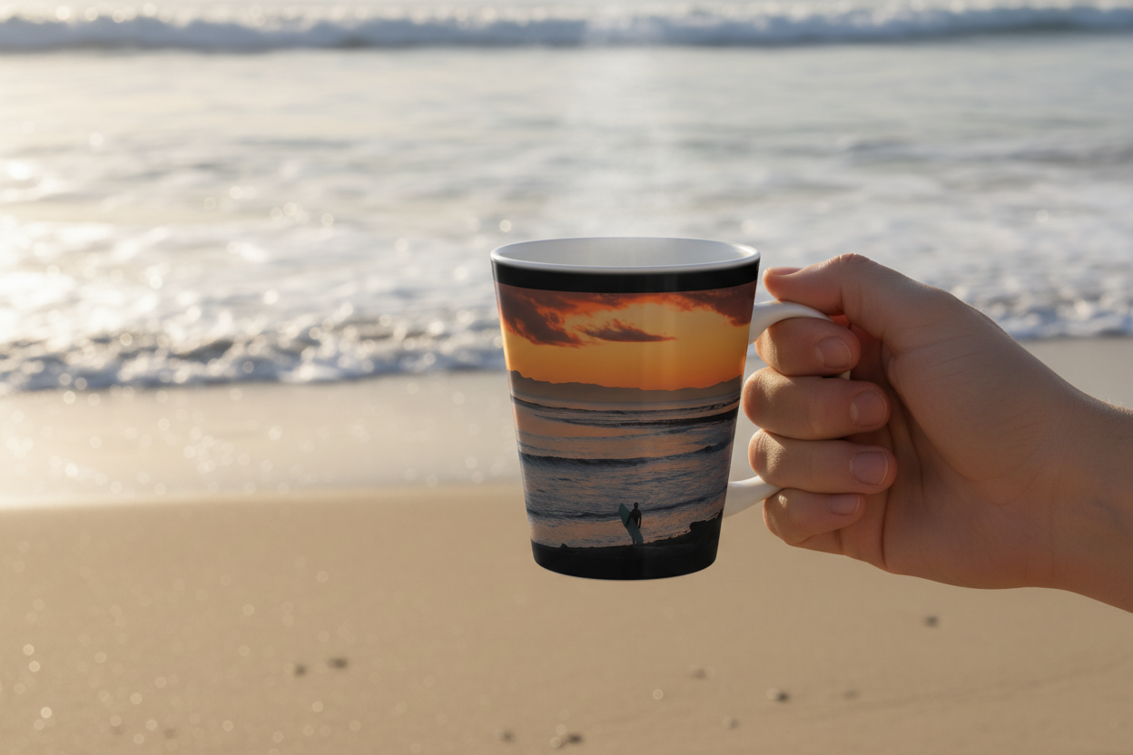 Hand holding a mug with a beach sunset design against a beach background